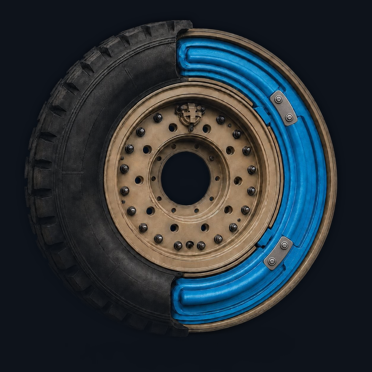 Three-segment polymer RunFlat cutaway render showing tire, insert, and rim assembly