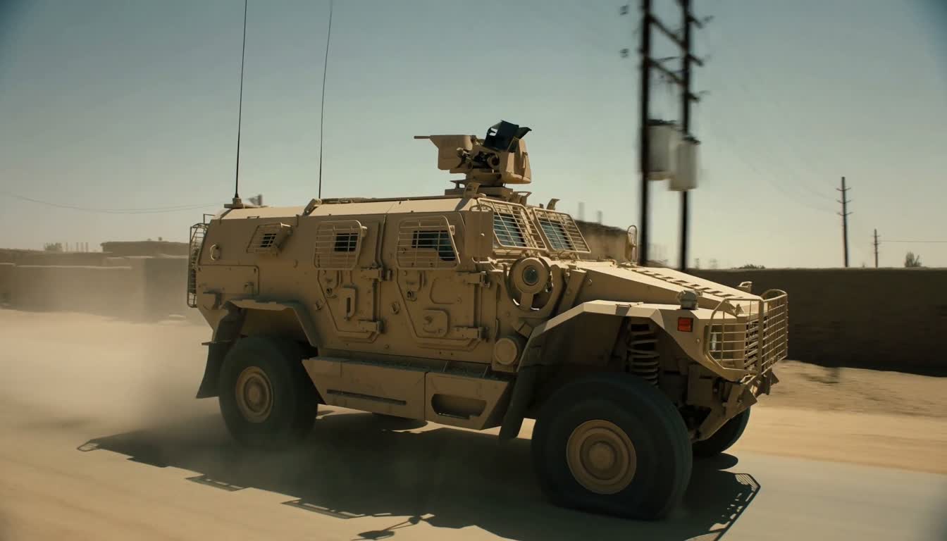 MRAP rolling down an Afghan village street on a deflated front tire — the run flat insert inside carries the load